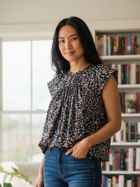 Isabel Marant Floral Print Flutter Sleeve Blouse with Red Cream Navy Sz 8 Modern